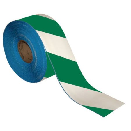 SUPERIOR MARK Floor Marking Tape, 4in x 100Ft , Green/White Hazard Stripe IN-50-240I